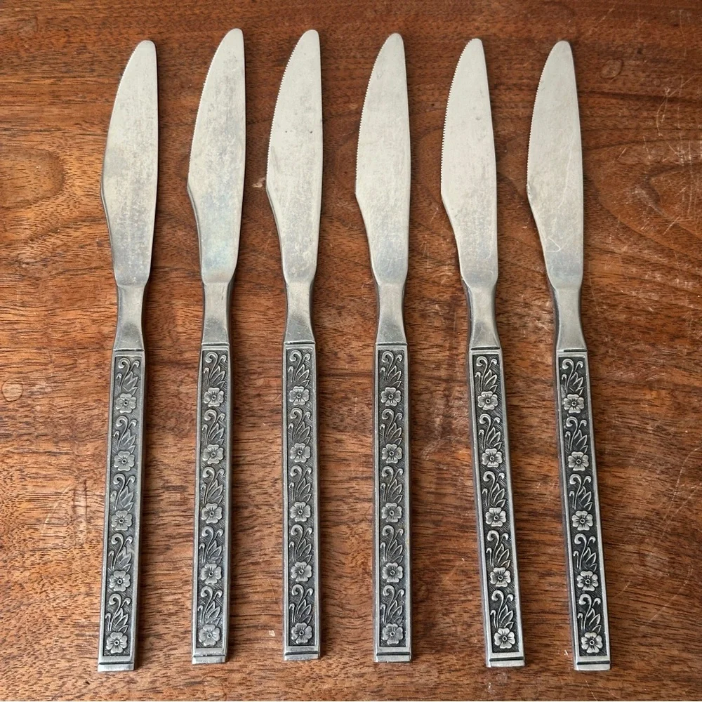 Stainless Knife Set Floral Design Flatware Butter Knives Vintage Kitchen MCM